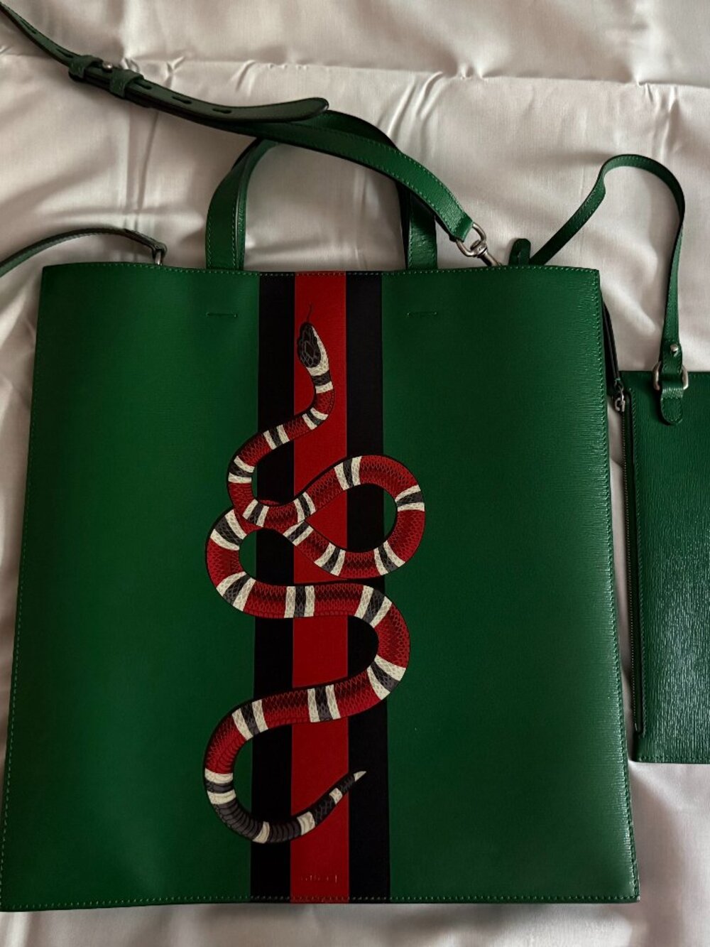 Authentic Gucci Web & Snake Convertible Soft Open Tote in Green Leather